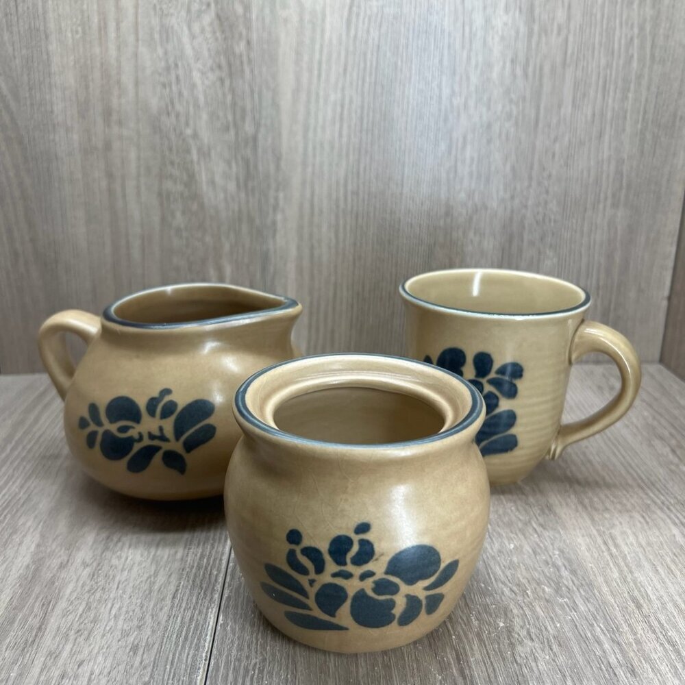 Vtg Pfaltzgraff Folk Art Sugar Bowl Creamer Set of 3 Stoneware Floral Blue Tan